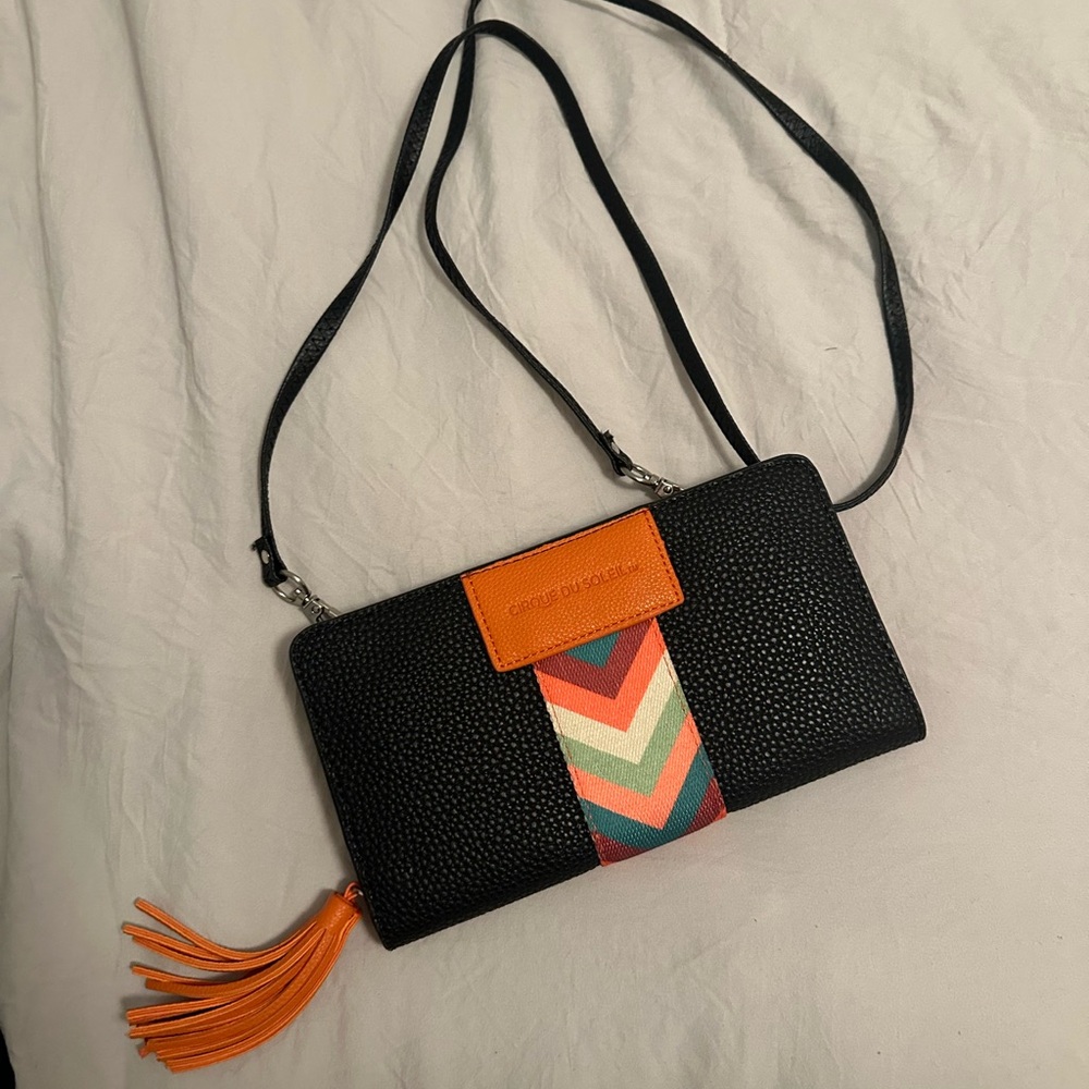 Cirque Du Soleil Black and Orange Clutch with Tassel Accent